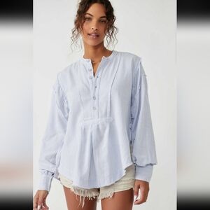 We The Free Edgewash Blue Pin Stripe Cotton Shirt Womens Large